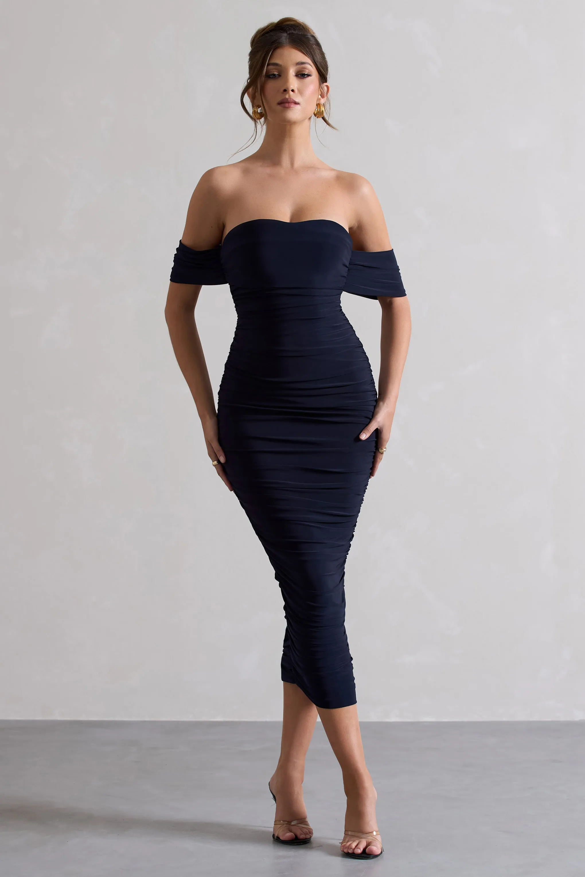 Lost For Words | Navy Bardot Ruched Draped Midi Dress sold by Club L London product image thumbnail 4