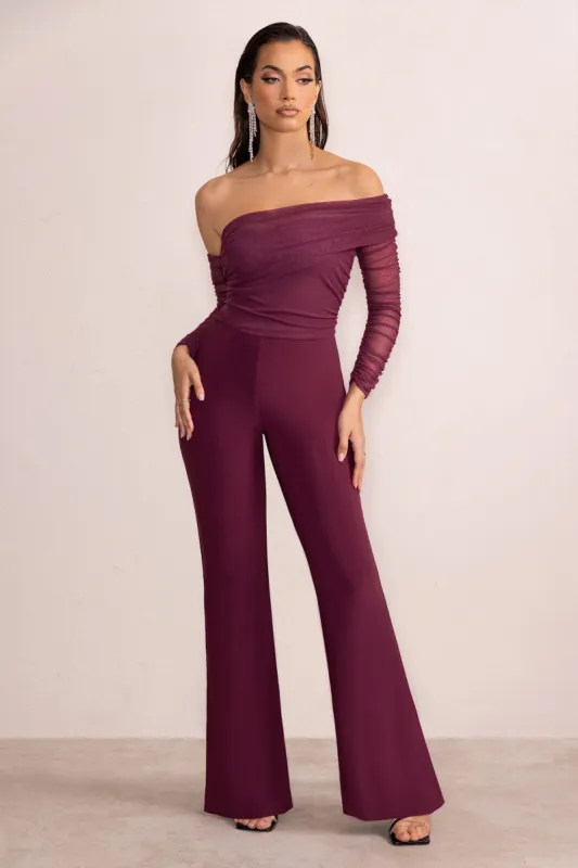 Emmeline | Wine Asymmetric Bardot Flared Jumpsuit With Mesh Sleeves sold by Club L London