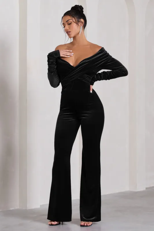 Borealis | Black Velvet Long-Sleeved Bardot Jumpsuit sold by Club L London