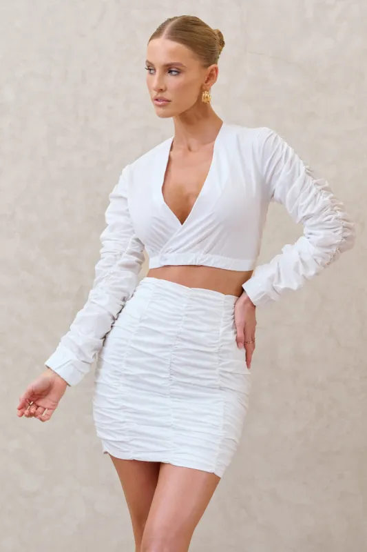 Break Of Day | White Ruched Mini Skirt sold by Club L London