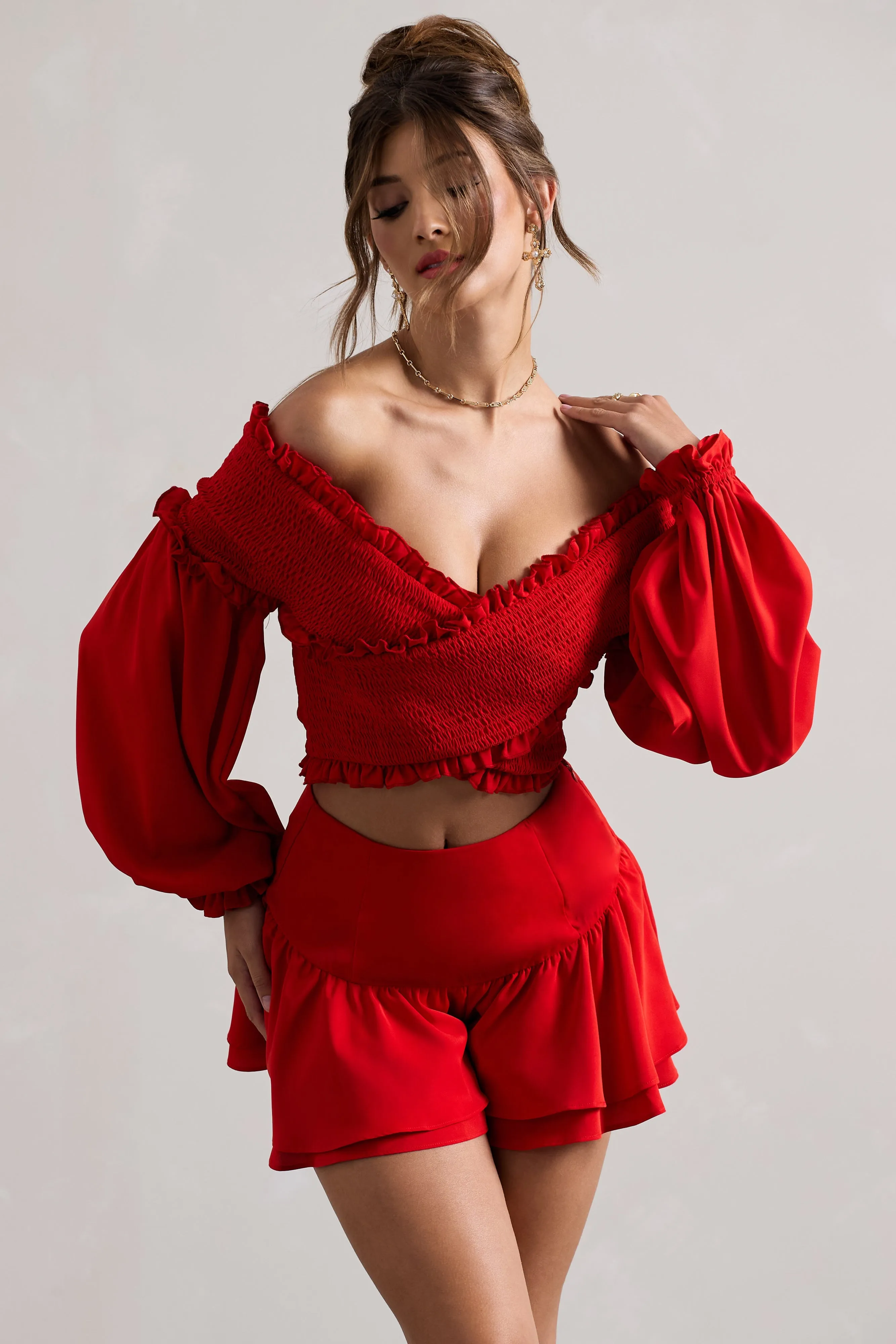 Salara | Red Ruched Bardot Top With Balloon Sleeves sold by Club L London product image thumbnail 5