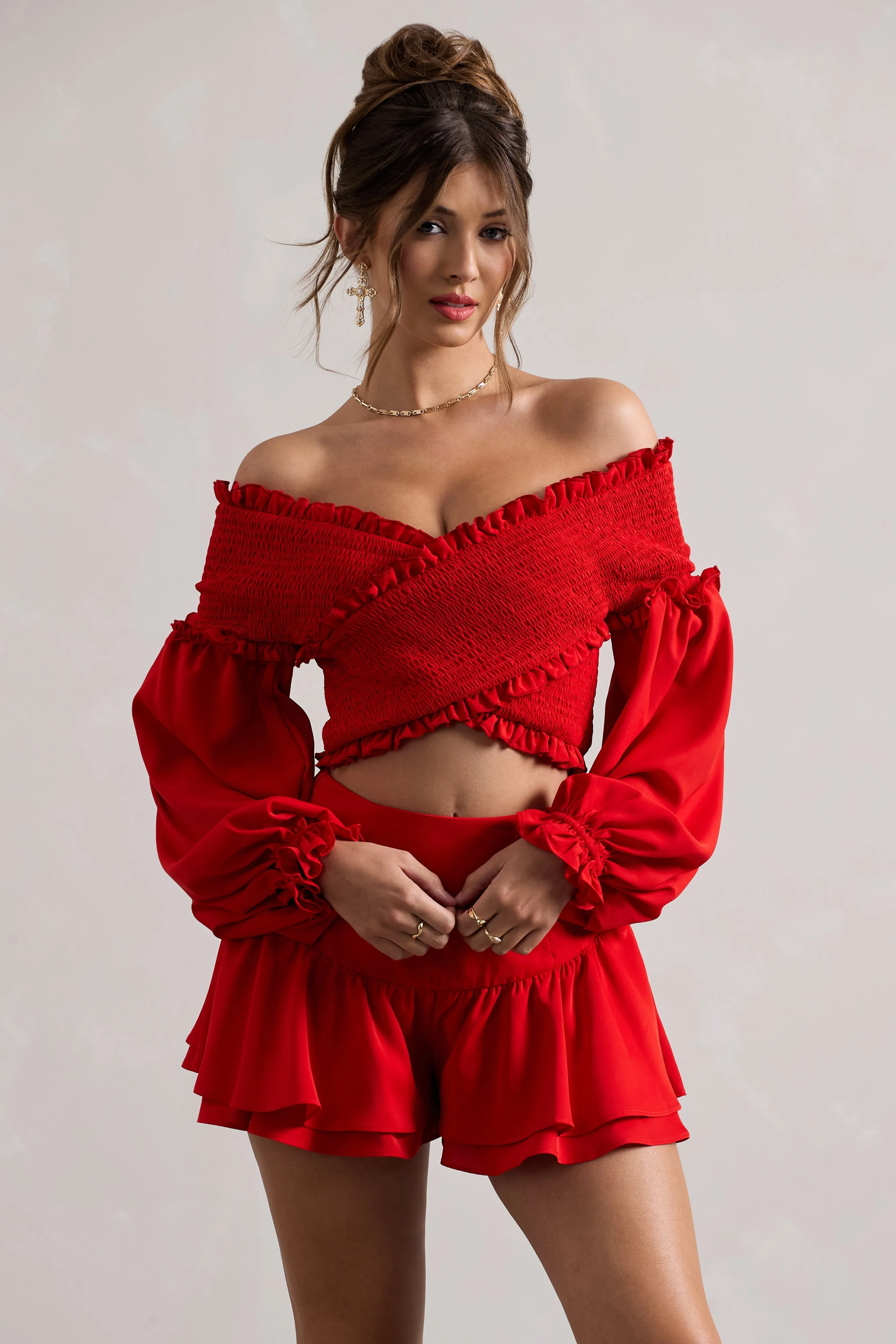 Salara | Red Ruched Bardot Top With Balloon Sleeves sold by Club L London product image thumbnail 4