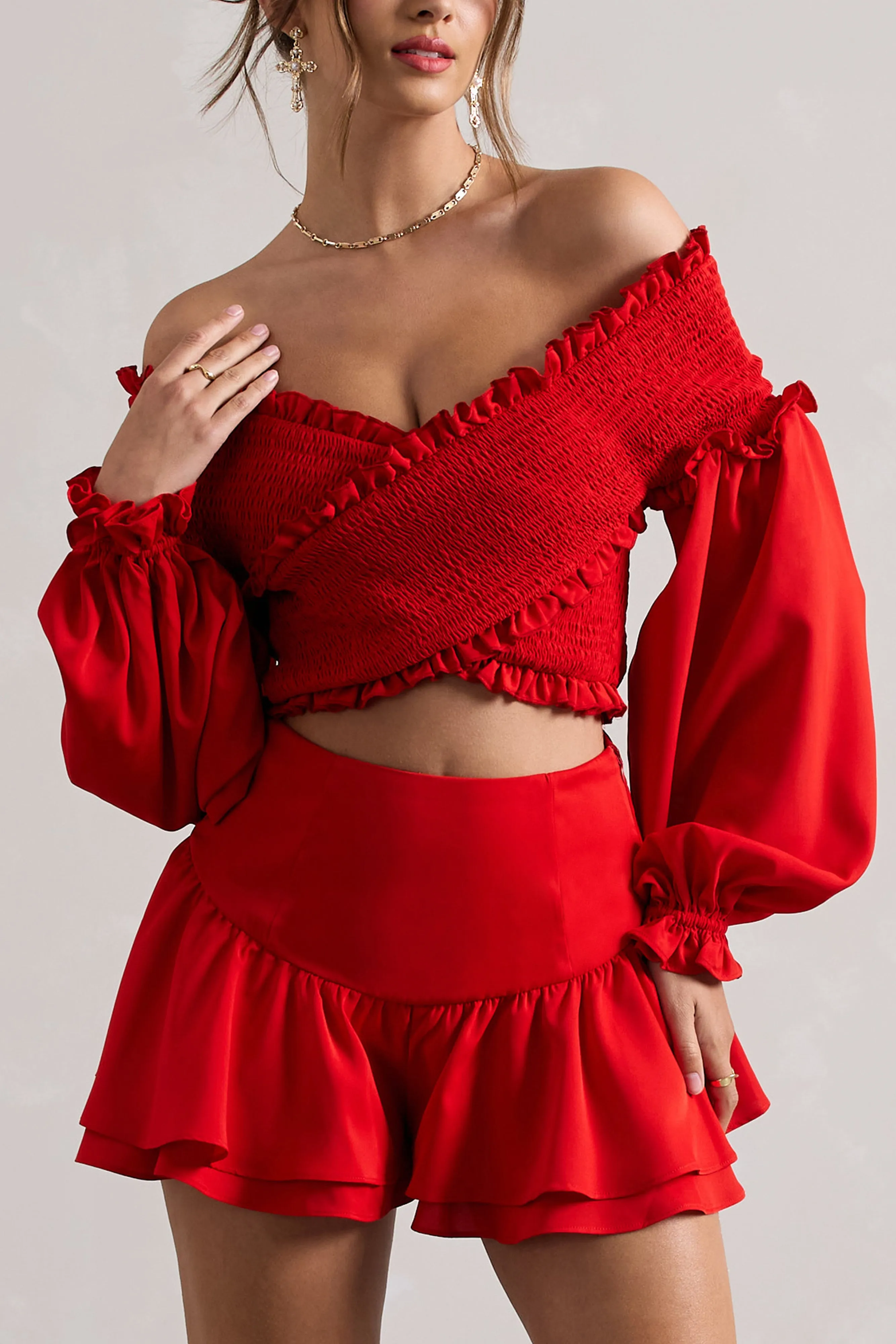 Salara | Red Ruched Bardot Top With Balloon Sleeves sold by Club L London product image thumbnail 3