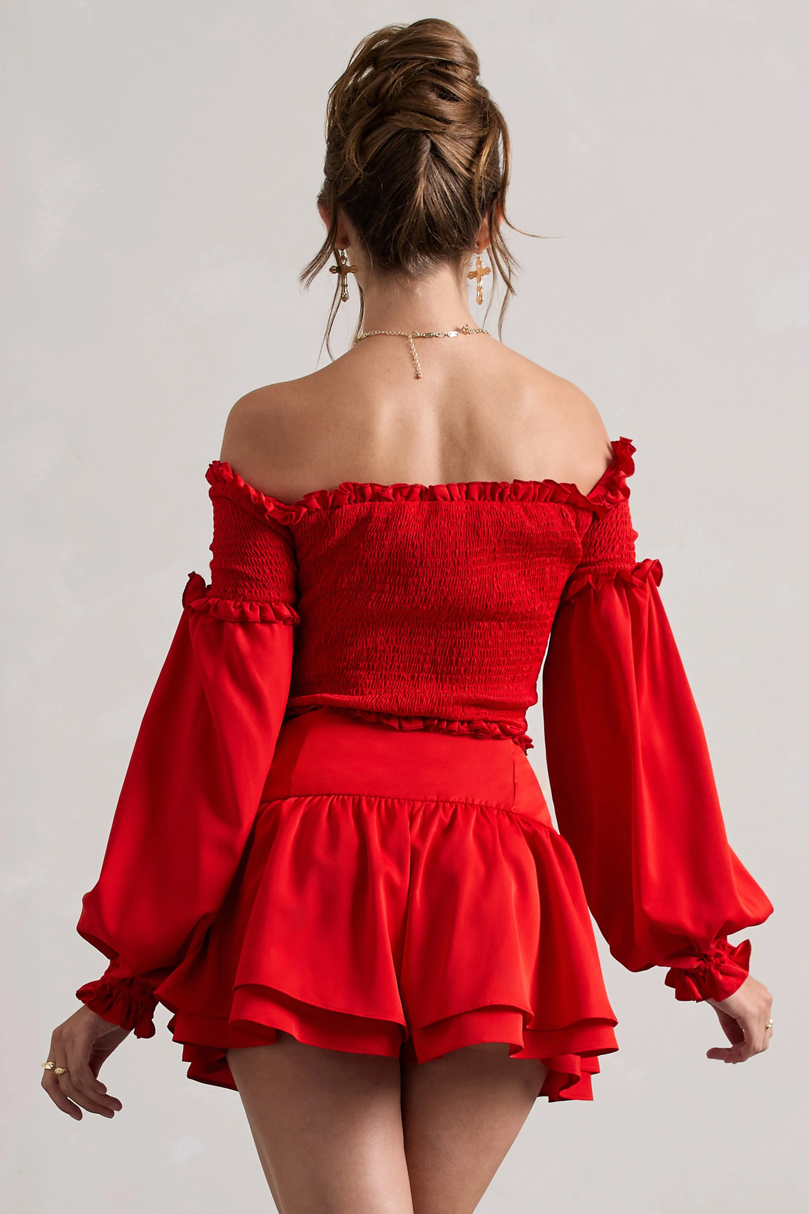 Salara | Red Ruched Bardot Top With Balloon Sleeves sold by Club L London product image thumbnail 2