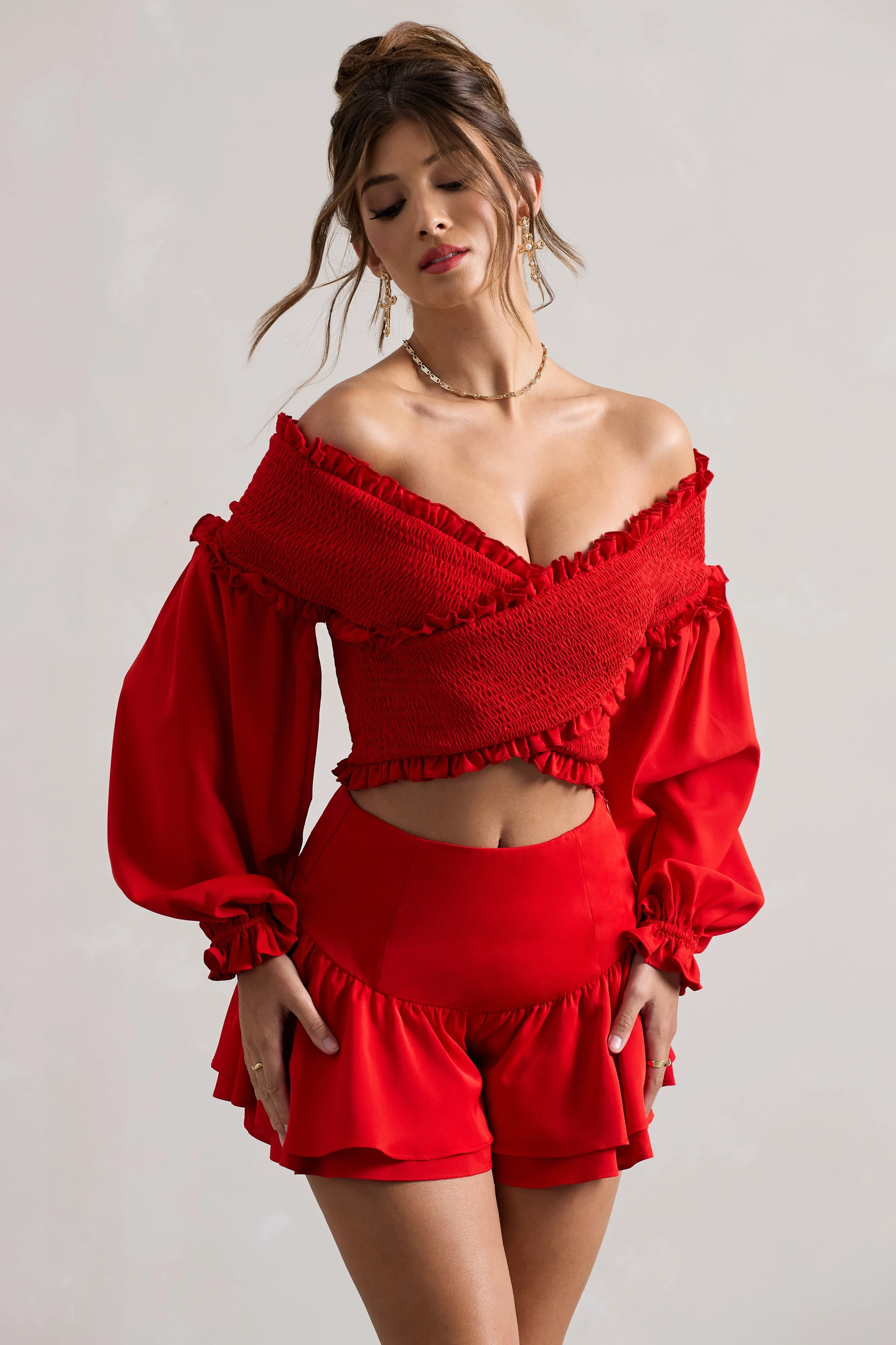 Salara | Red Ruched Bardot Top With Balloon Sleeves sold by Club L London