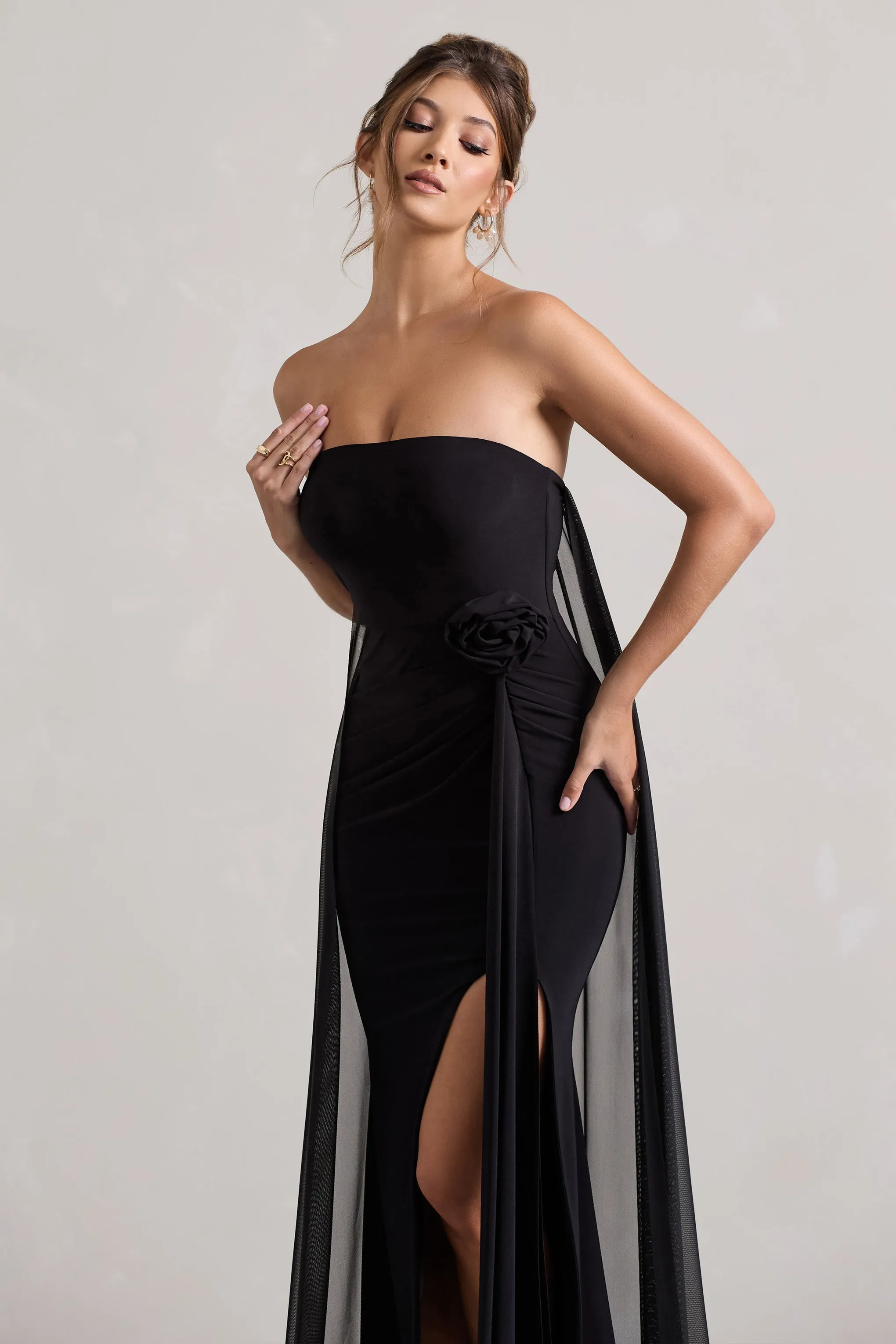 More To Come | Black Strapless Wrap Cape Maxi Dress With Corsage sold by Club L London product image thumbnail 3