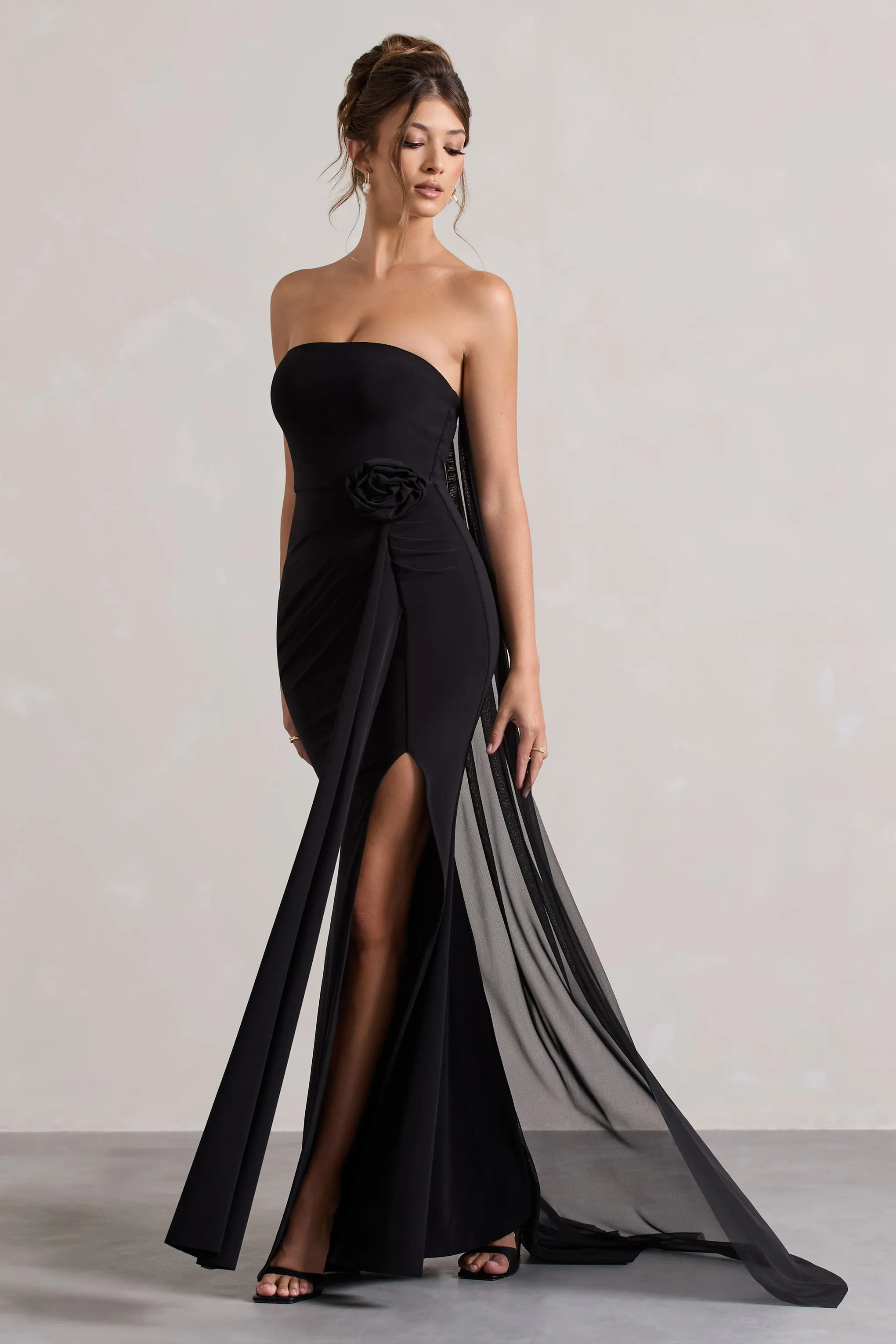 More To Come | Black Strapless Wrap Cape Maxi Dress With Corsage sold by Club L London product image thumbnail 5