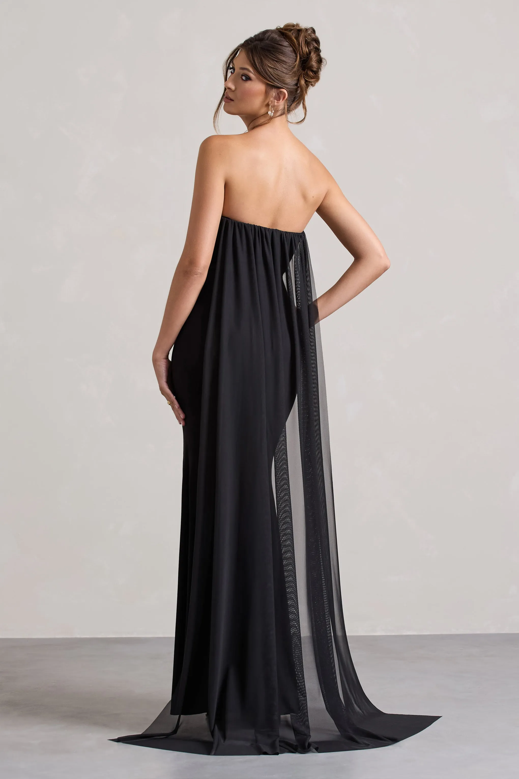 More To Come | Black Strapless Wrap Cape Maxi Dress With Corsage sold by Club L London product image thumbnail 2