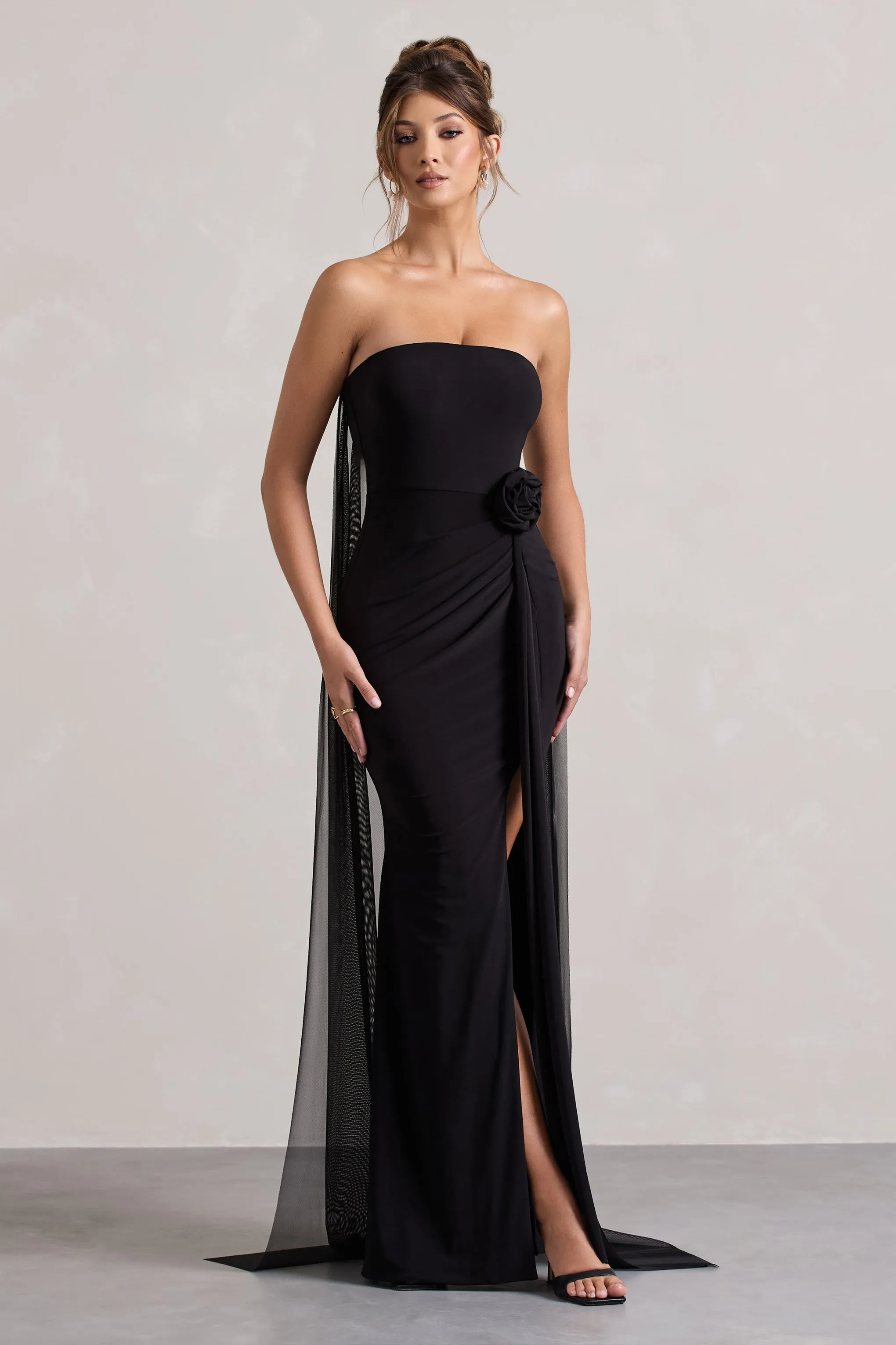 More To Come | Black Strapless Wrap Cape Maxi Dress With Corsage sold by Club L London product image thumbnail 4