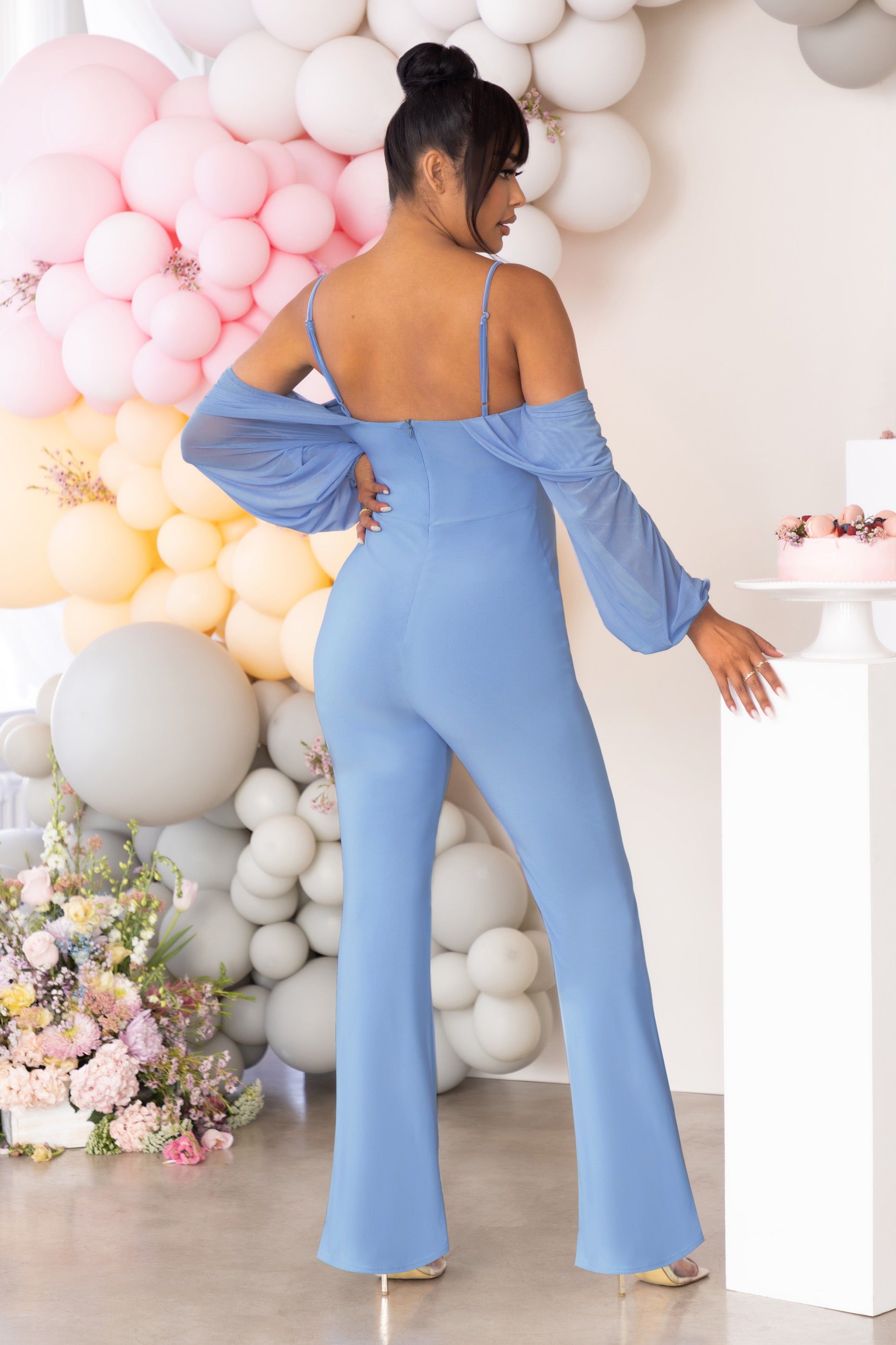 Baby Baby | Powder Blue Maternity Ruched Bardot Jumpsuit sold by Club L London product image thumbnail 2