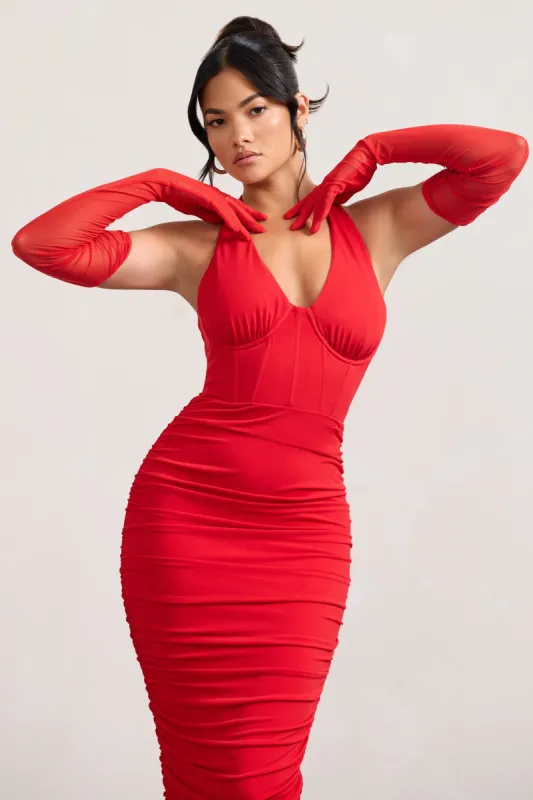 Your Touch | Red Sheer Long Ruched Gloves sold by Club L London