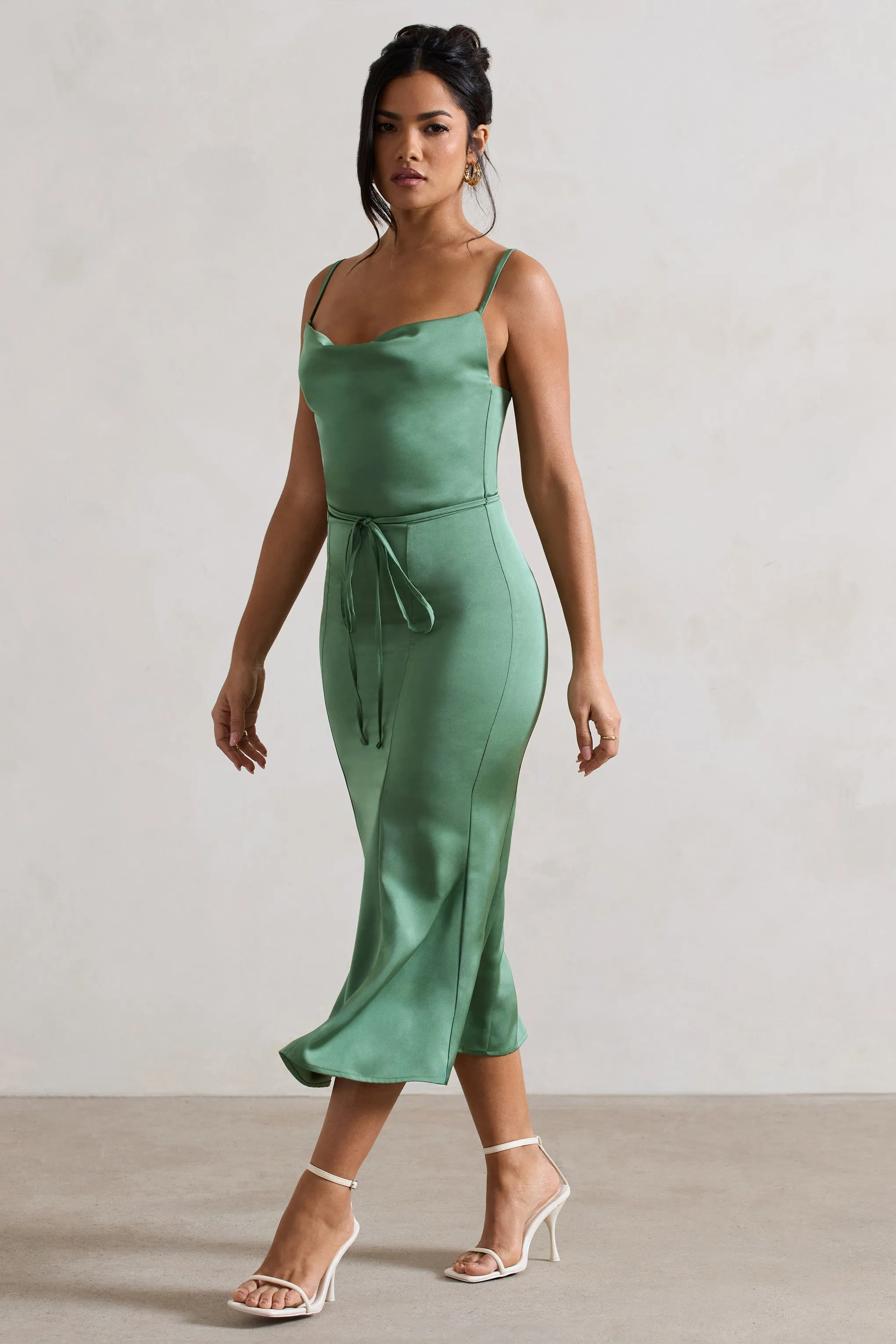 Just A Moment | Soft Green Satin Cowl-Neck Midi Dress With Tie Waist sold by Club L London product image thumbnail 5