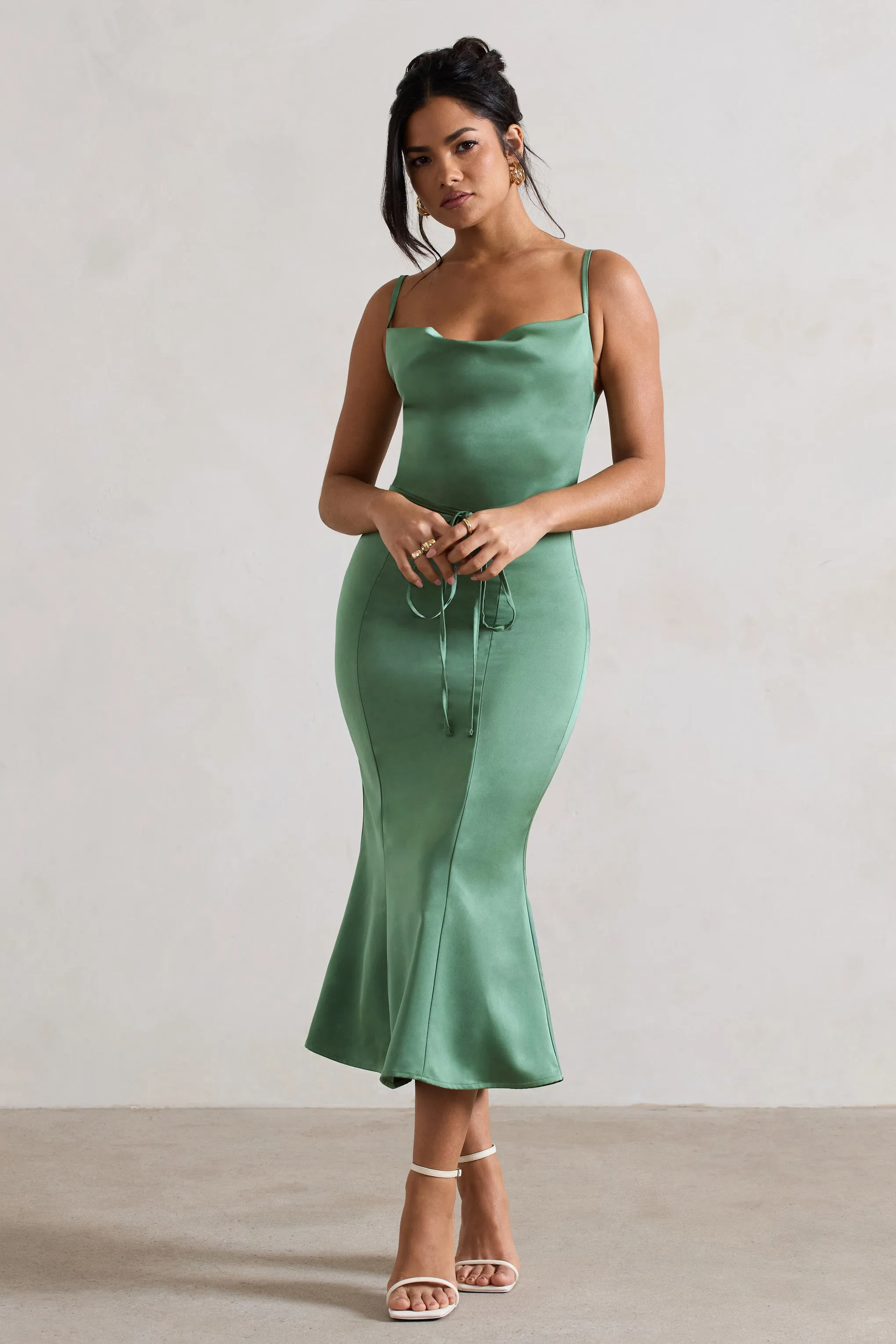 Just A Moment | Soft Green Satin Cowl-Neck Midi Dress With Tie Waist sold by Club L London product image thumbnail 4