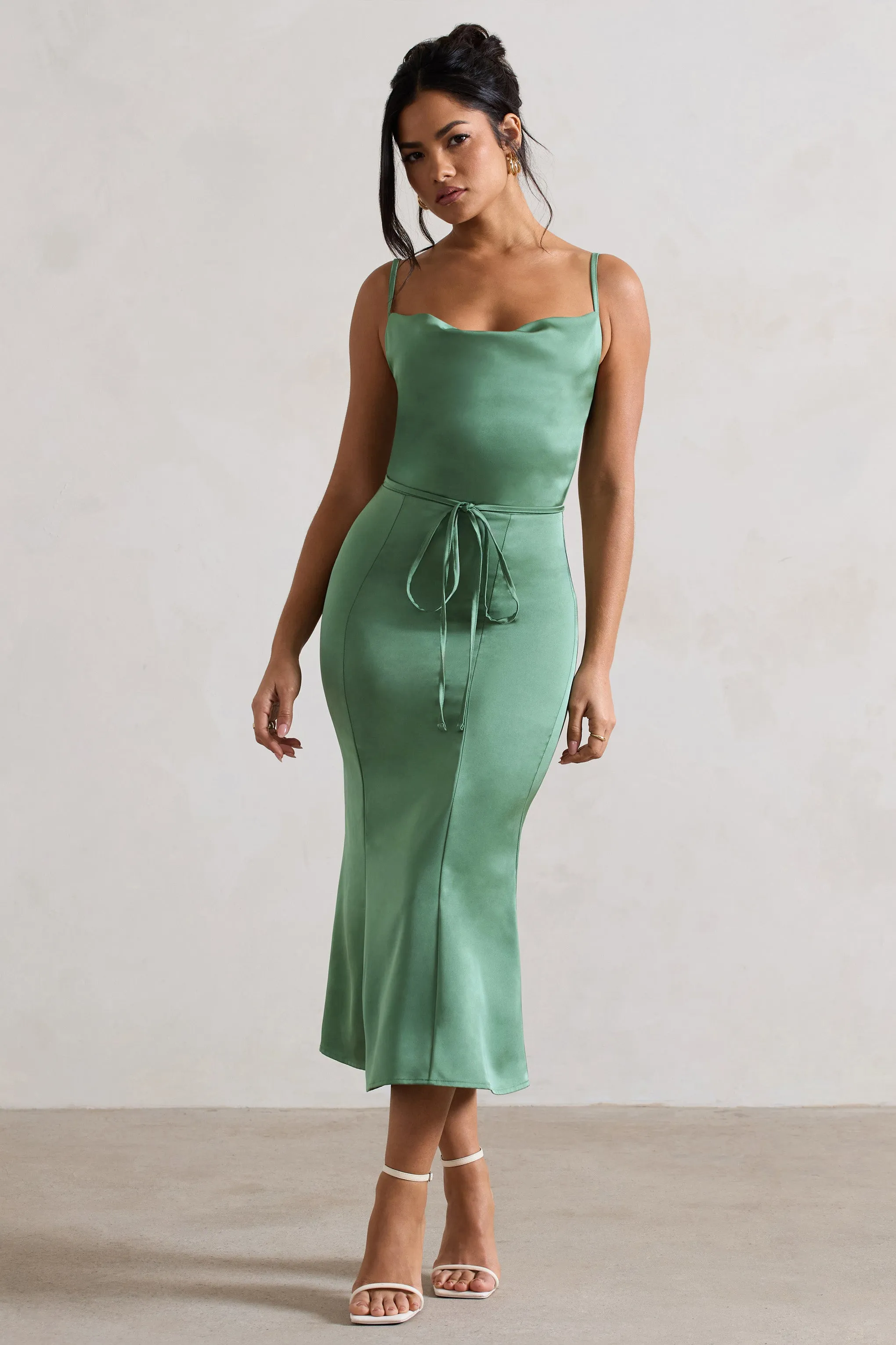 Just A Moment | Soft Green Satin Cowl-Neck Midi Dress With Tie Waist sold by Club L London