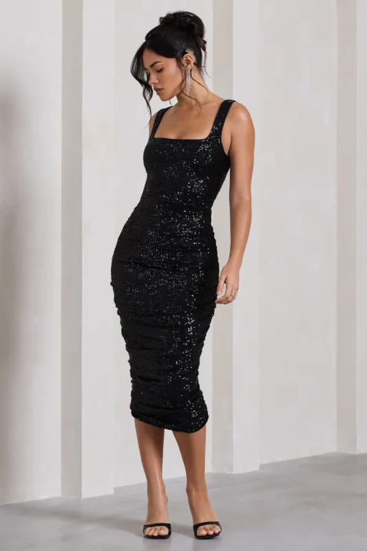Starry Night | Black Sequin Square-Neck Midi Dress sold by Club L London