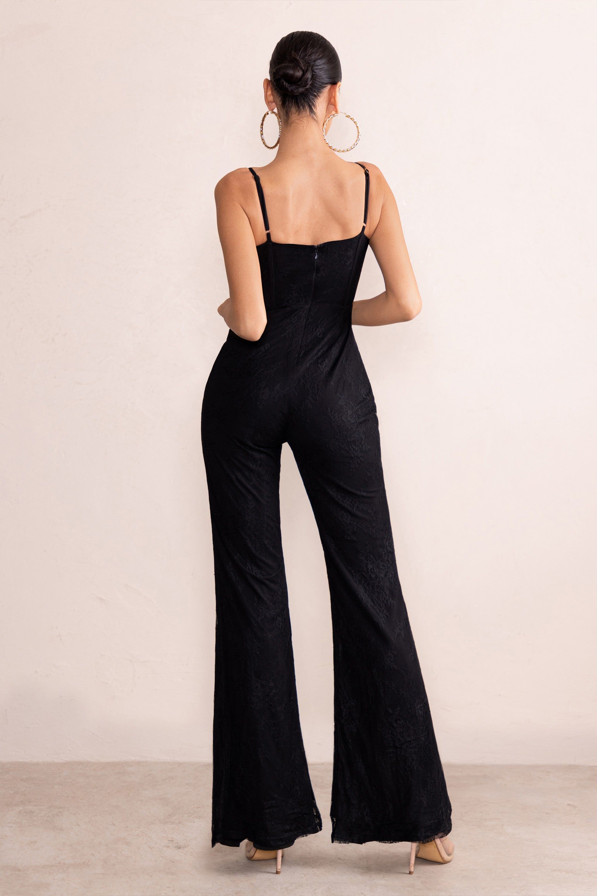 First Look | Petite Black Lace Corset Bodice Flared Leg Jumpsuit sold by Club L London product image thumbnail 2