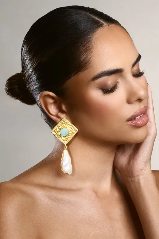 Tropic | Gold Square Drop Earrings With Crystal Pendant sold by Club L London