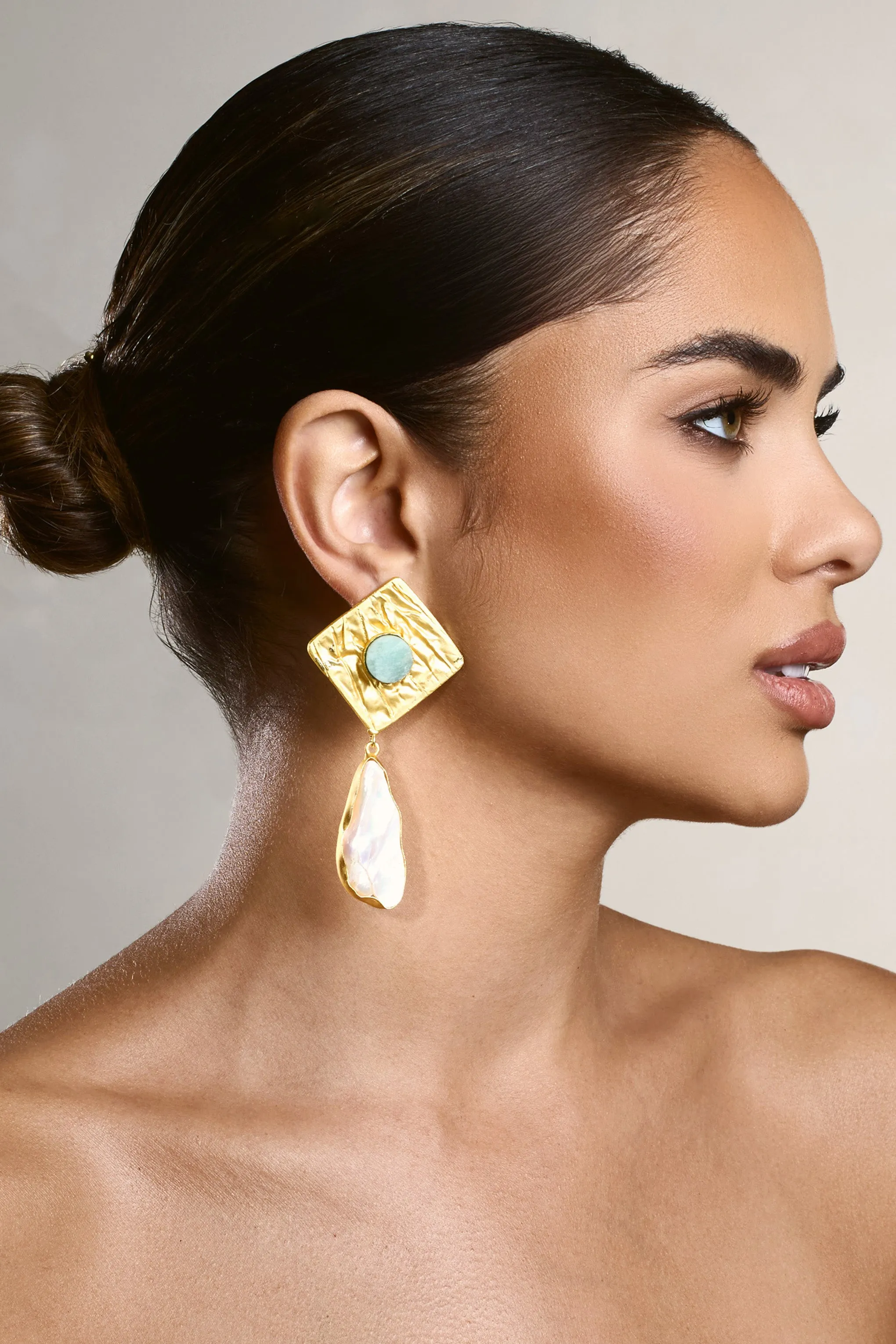 Tropic | Gold Square Drop Earrings With Crystal Pendant sold by Club L London product image thumbnail 2