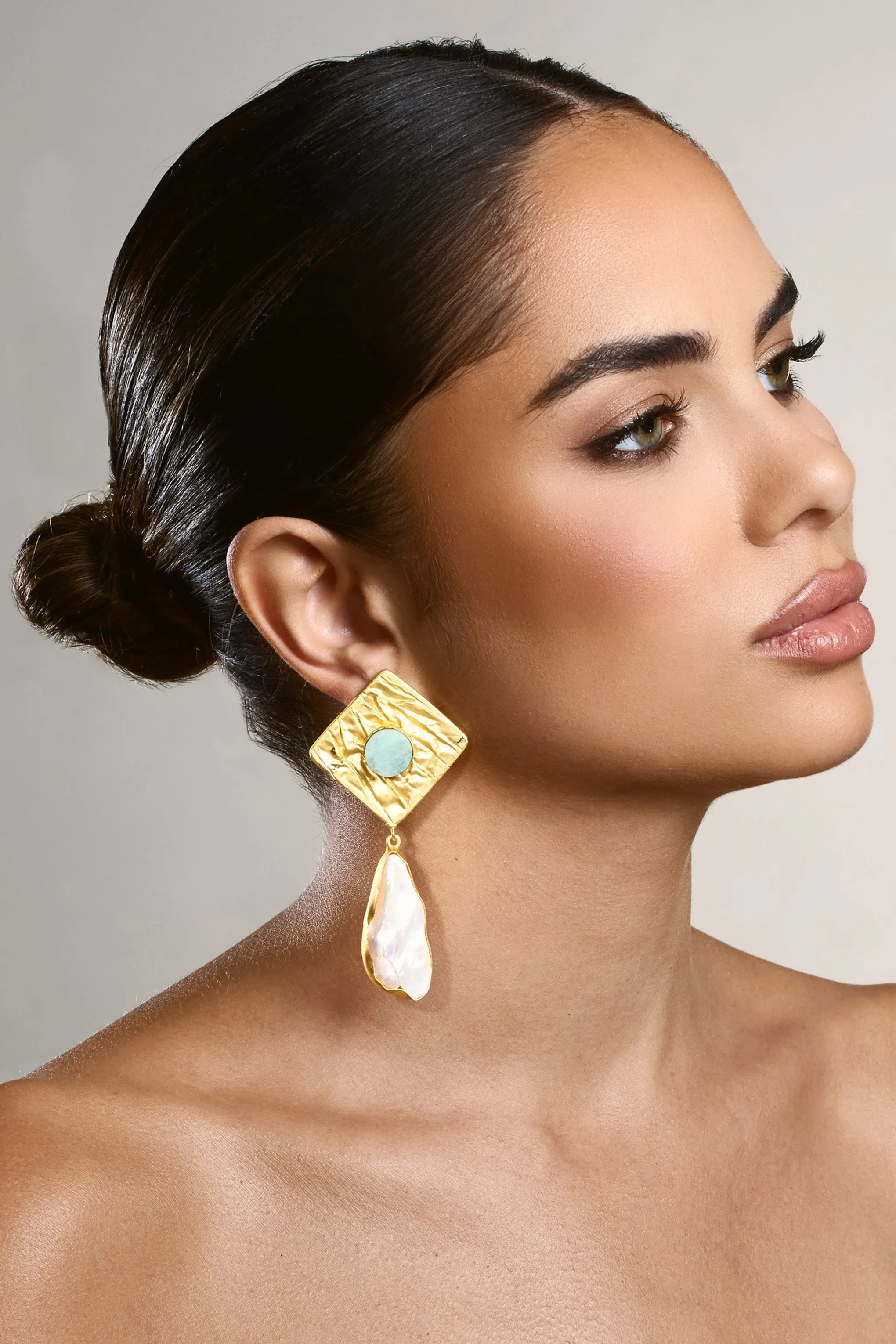 Tropic | Gold Square Drop Earrings With Crystal Pendant sold by Club L London product image thumbnail 5