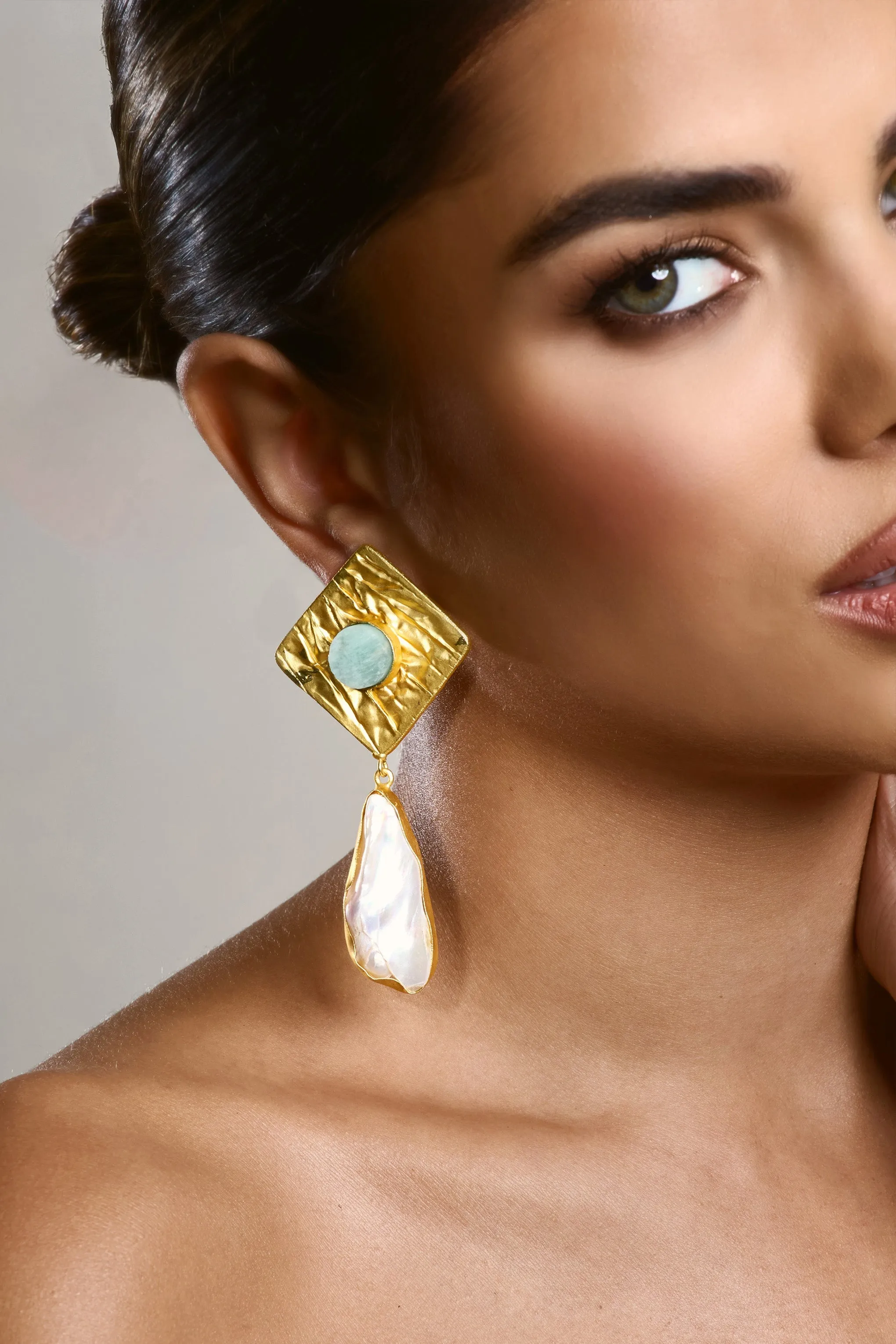 Tropic | Gold Square Drop Earrings With Crystal Pendant sold by Club L London product image thumbnail 4