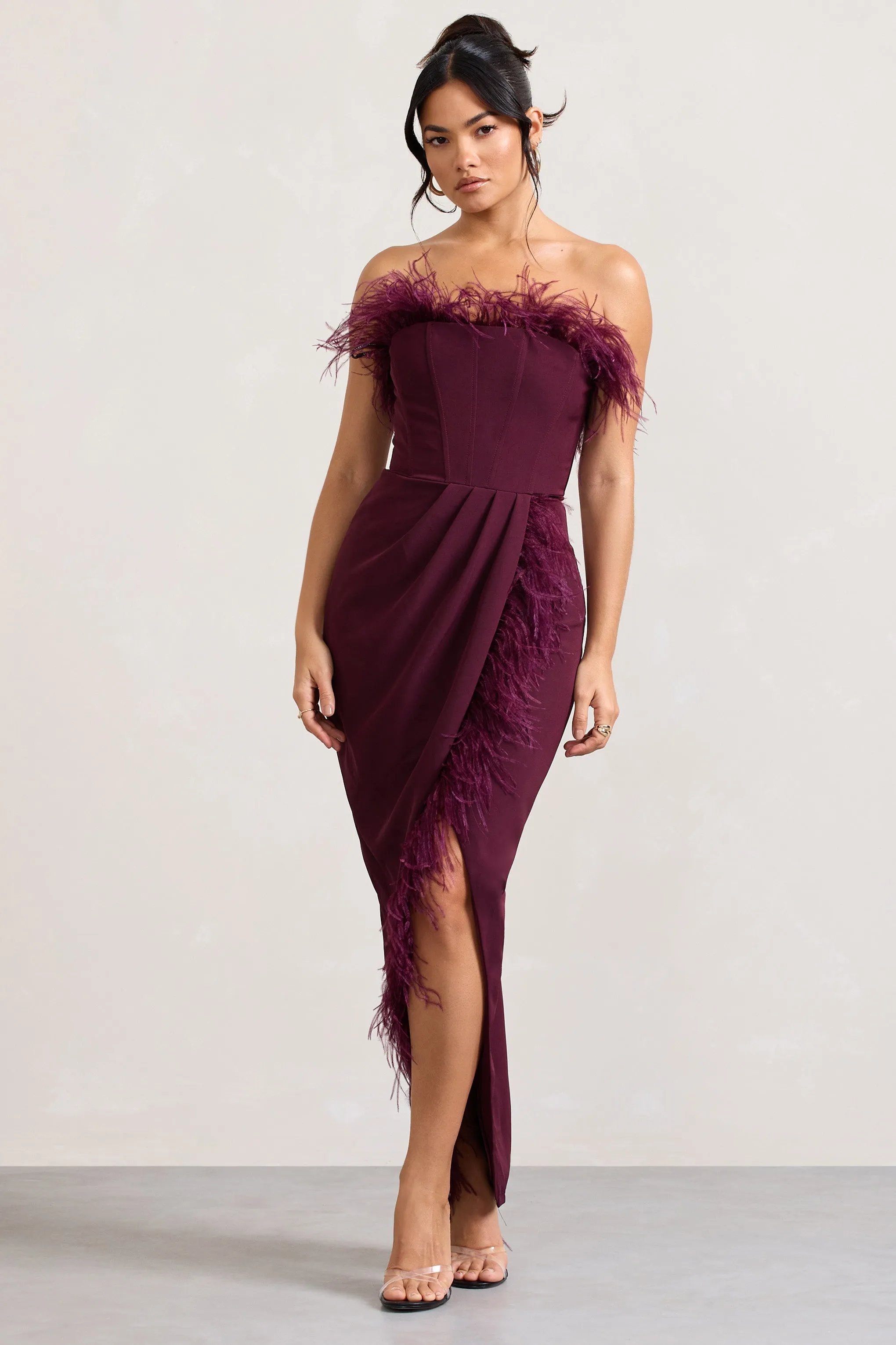 Cosmo | Burgundy Bandeau Feather Corset Split Maxi Dress | Parallel