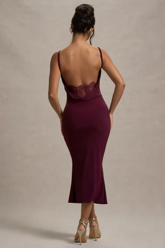 Addison | Port Cowl-Neck Open-Back Midi Dress With Lace sold by Club L London