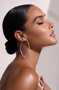 Linda | Silver Diamante Hoop Earrings sold by Club L London