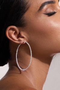 Linda | Silver Diamante Hoop Earrings sold by Club L London