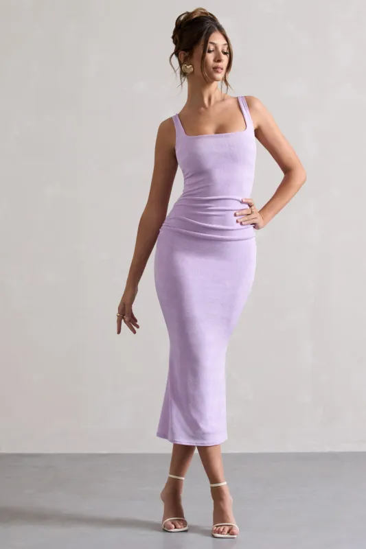 Evora | Lilac Ruched Square-Neck  Midi Dress sold by Club L London