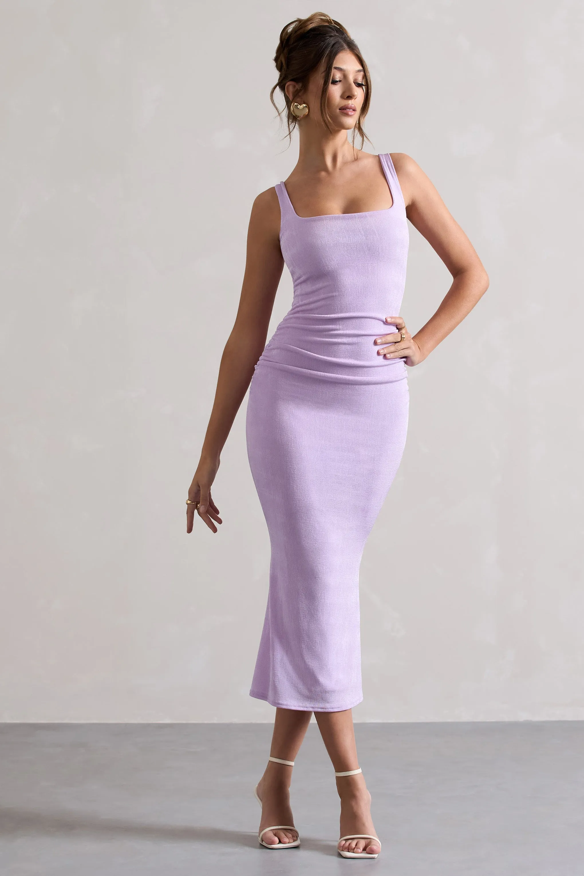 Evora | Lilac Ruched Square-Neck Midi Dress sold by Club L London