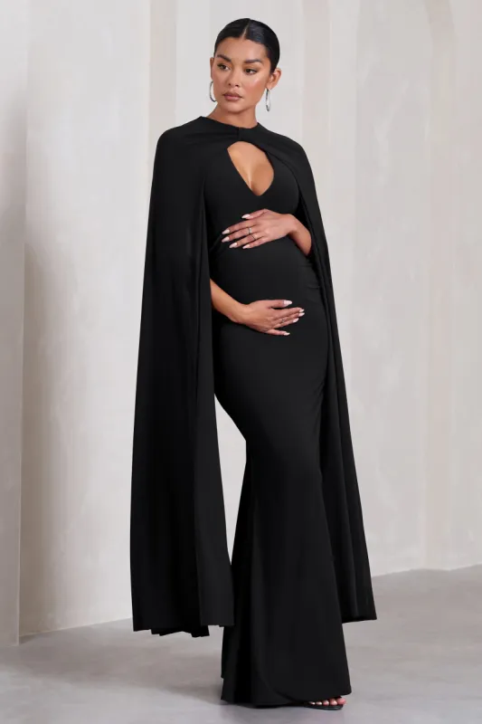 Standing Ovation | Black Plunge-Neck Cape Maternity Maxi Dress sold by Club L London