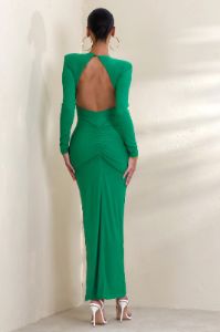 Praia | Green V Plunge Maxi Dress With Thigh Split and Open Back Detail sold by Club L London