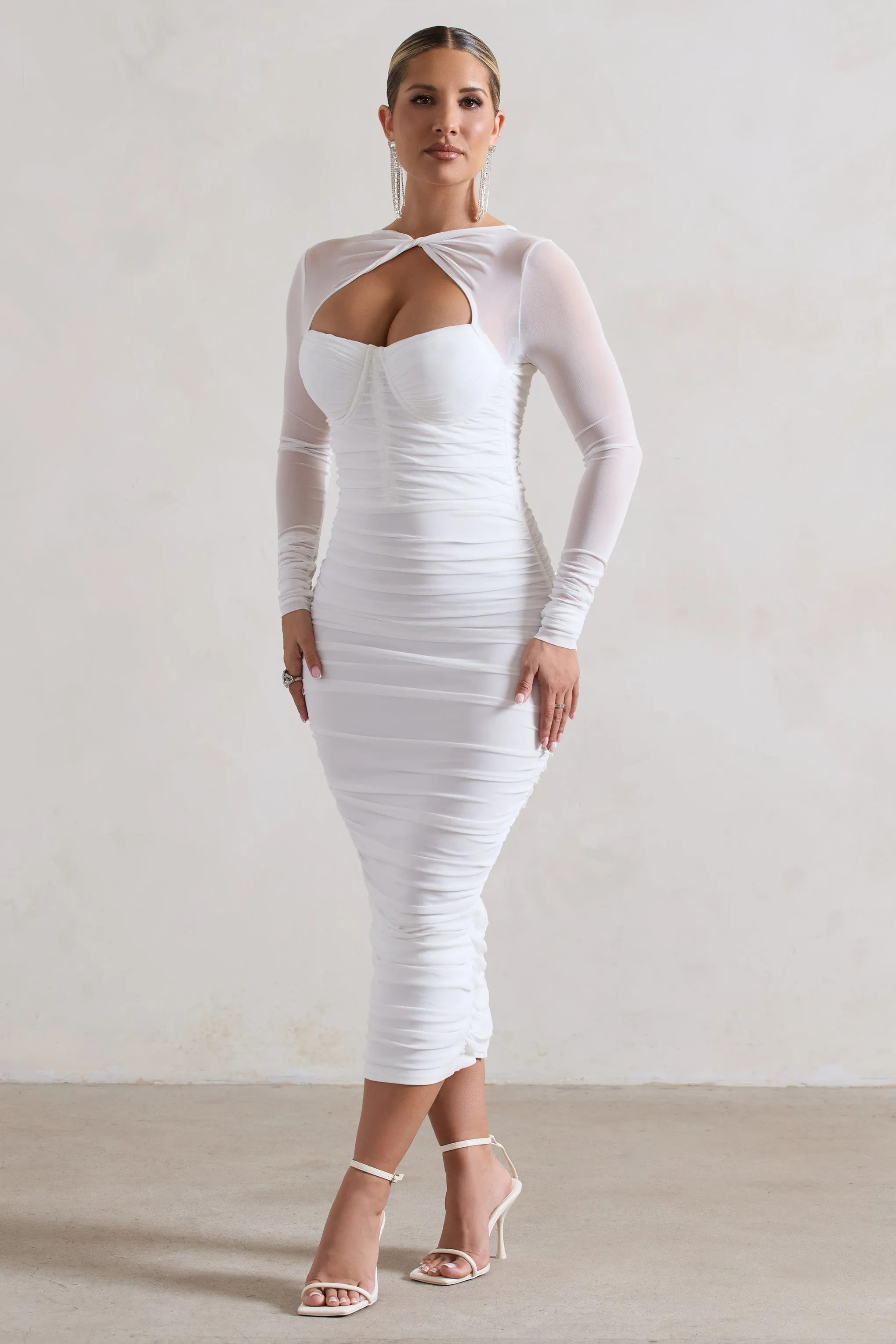 Mojito | White Ruched Cut-Out Long-Sleeve Midi Dress sold by Club L London product image thumbnail 4