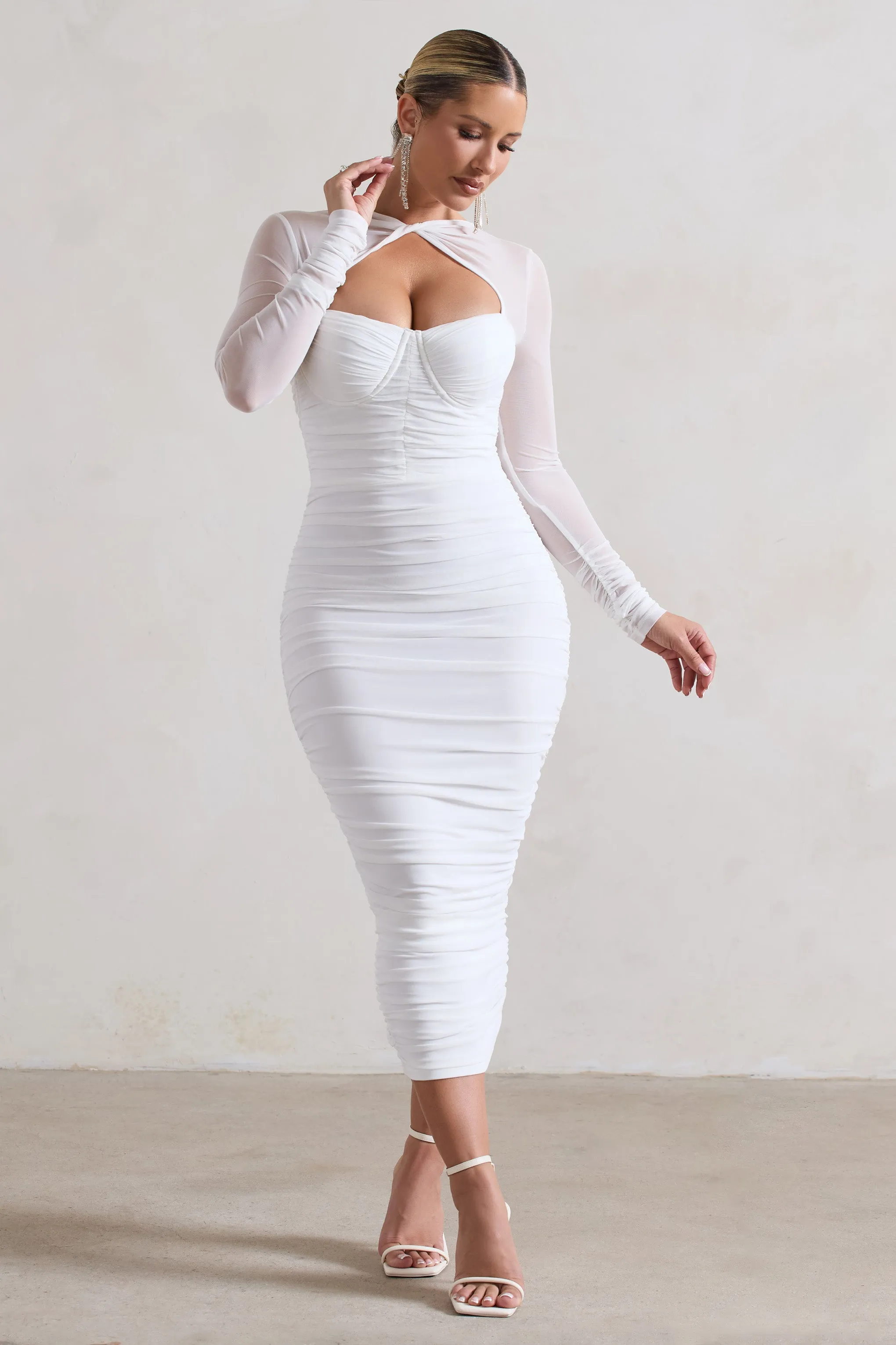 Mojito | White Ruched Cut-Out Long-Sleeve Midi Dress sold by Club L London