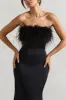 Dress For It | Black Satin Feather Trim Bandeau Maxi Dress sold by Club L London
