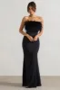 Dress For It | Black Satin Feather Trim Bandeau Maxi Dress sold by Club L London