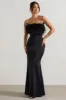 Dress For It | Black Satin Feather Trim Bandeau Maxi Dress sold by Club L London