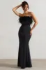 Dress For It | Black Satin Feather Trim Bandeau Maxi Dress sold by Club L London
