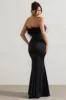 Dress For It | Black Satin Feather Trim Bandeau Maxi Dress sold by Club L London