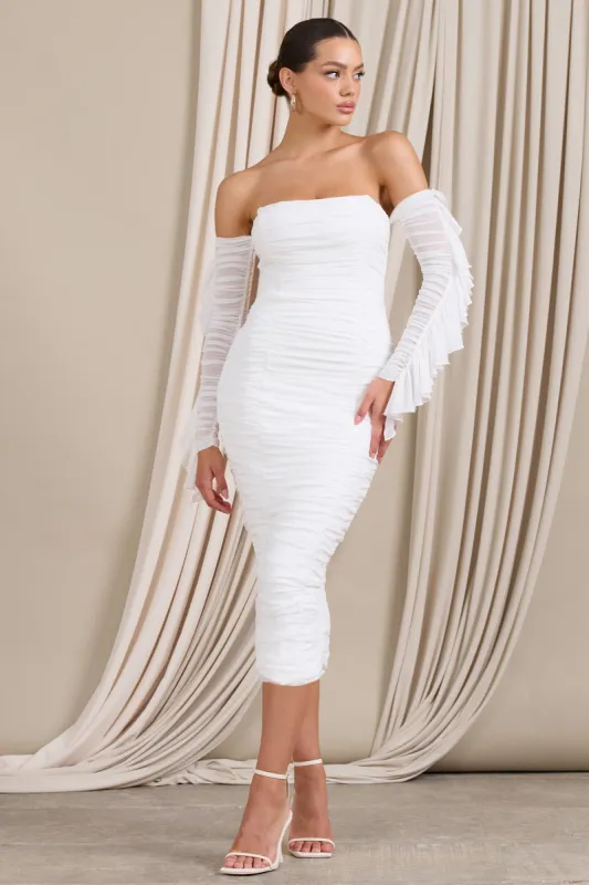 Favor | White Ruched Mesh Bardot Midi Dress sold by Club L London
