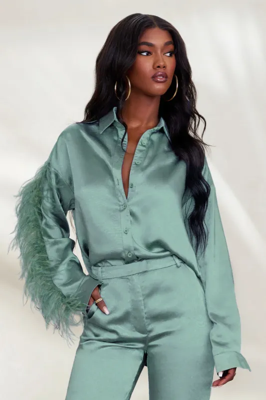 Catch My Eye | Duck Egg Blue Feather Sleeve Satin Shirt sold by Club L London