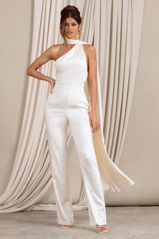 Cascada | Cream Satin Halter Jumpsuit With Draped Scarf sold by Club L London