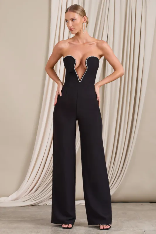 Julia | Black Extreme Plunge Cut Out Wide Leg Jumpsuit sold by Club L London