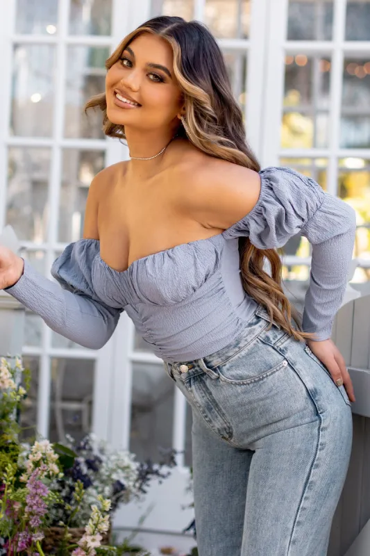 Wishes | Blue Ruched Off The Shoulder Puff Sleeve Bodysuit made by Club L London