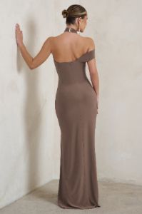 Clementine | Mocha Asymmetric Neckline Maxi Dress With Thigh Split sold by Club L London
