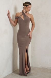 Clementine | Mocha Asymmetric Neckline Maxi Dress With Thigh Split sold by Club L London