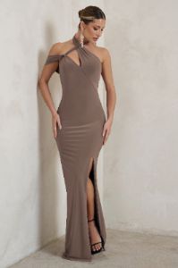 Clementine | Mocha Asymmetric Neckline Maxi Dress With Thigh Split sold by Club L London