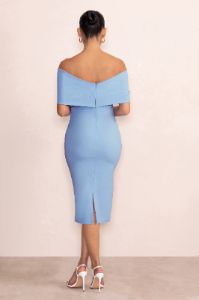 Alyssa | Powder Blue Bardot Bow Maternity Midi Dress with Ruching sold by Club L London