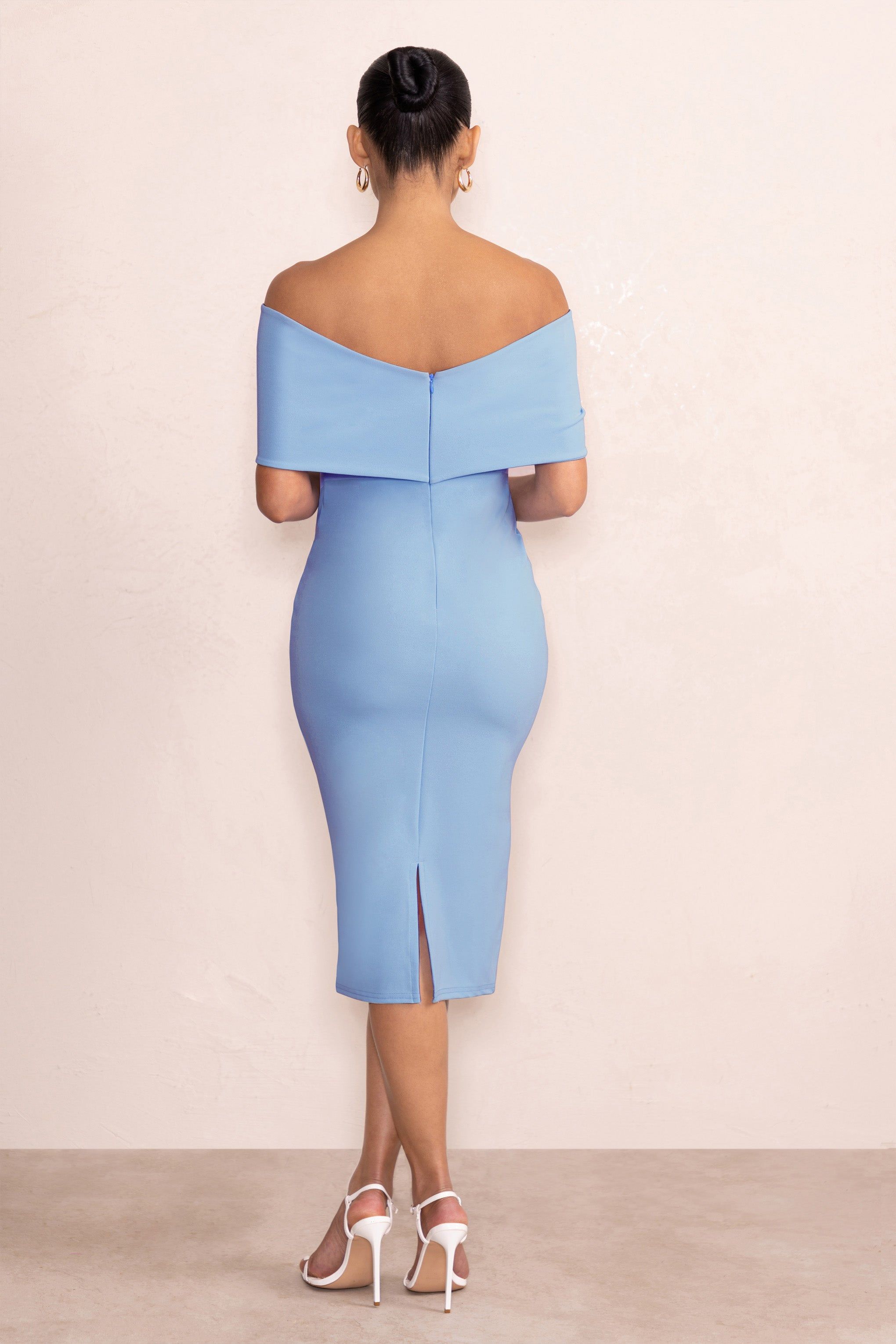 Alyssa | Powder Blue Bardot Bow Maternity Midi Dress with Ruching sold by Club L London product image thumbnail 2
