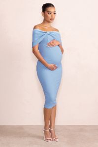 Alyssa | Powder Blue Bardot Bow Maternity Midi Dress with Ruching sold by Club L London